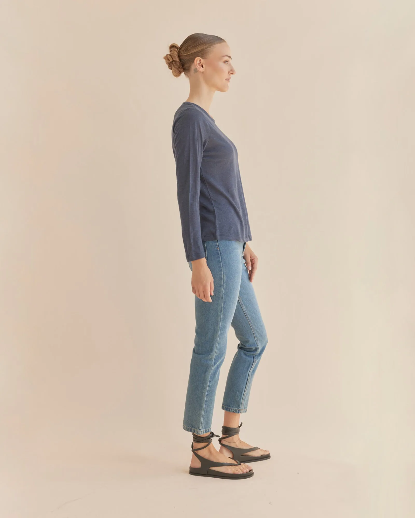 Priya Long Sleeve Linen Jersey Top - Navy