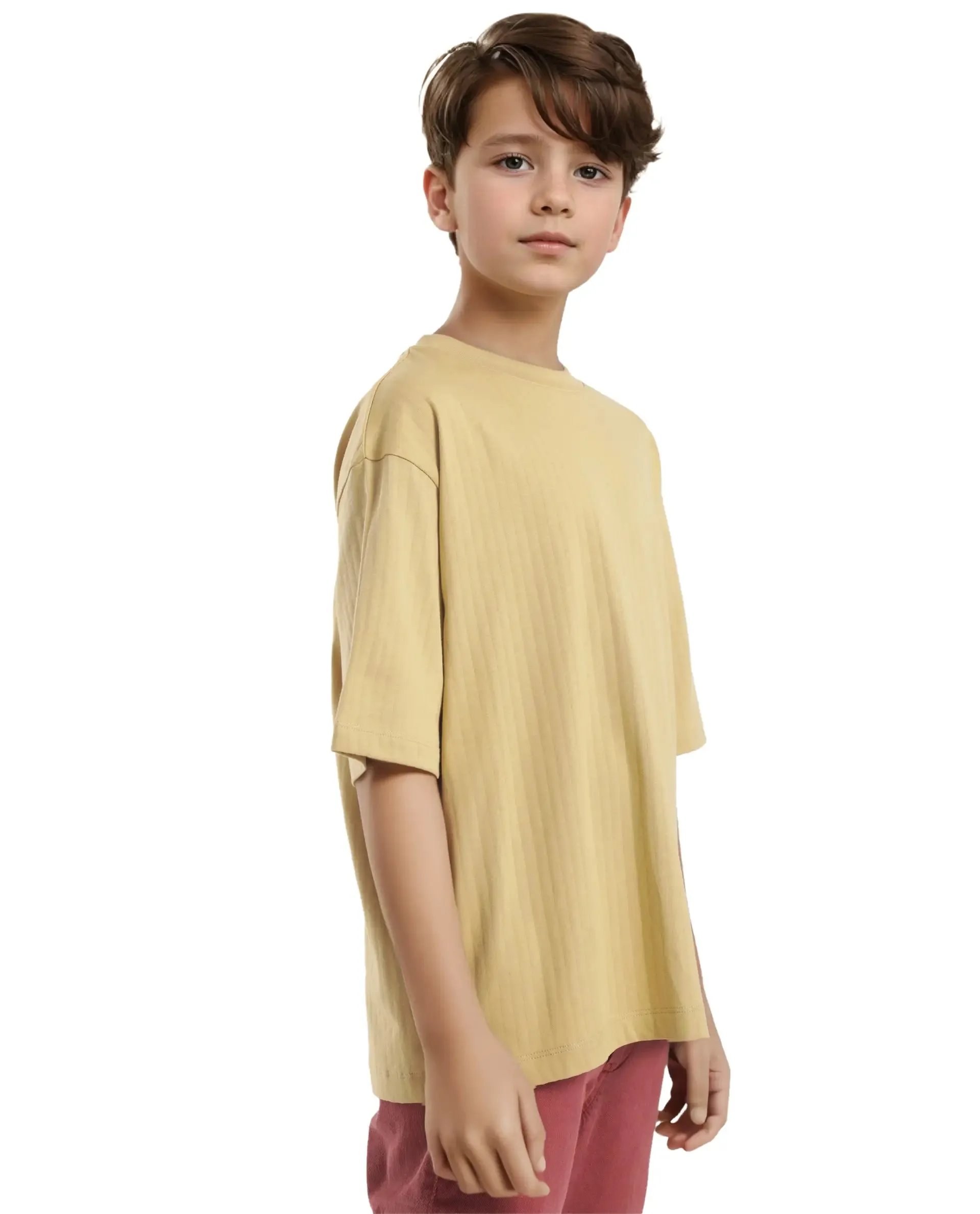 Rare Ones Kids Lest Mustard Cotton Half Sleeves Ribbed Crew Neck Graphic Back Print Oversized Fit T-Shirt