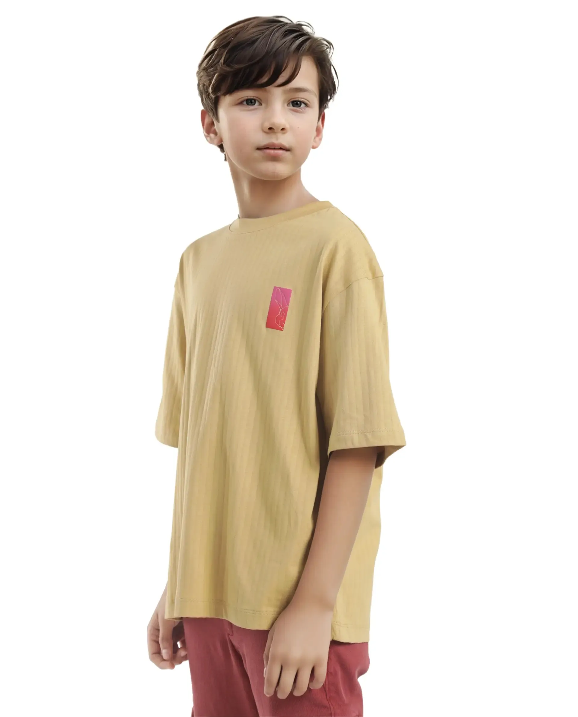 Rare Ones Kids Lest Mustard Cotton Half Sleeves Ribbed Crew Neck Graphic Back Print Oversized Fit T-Shirt