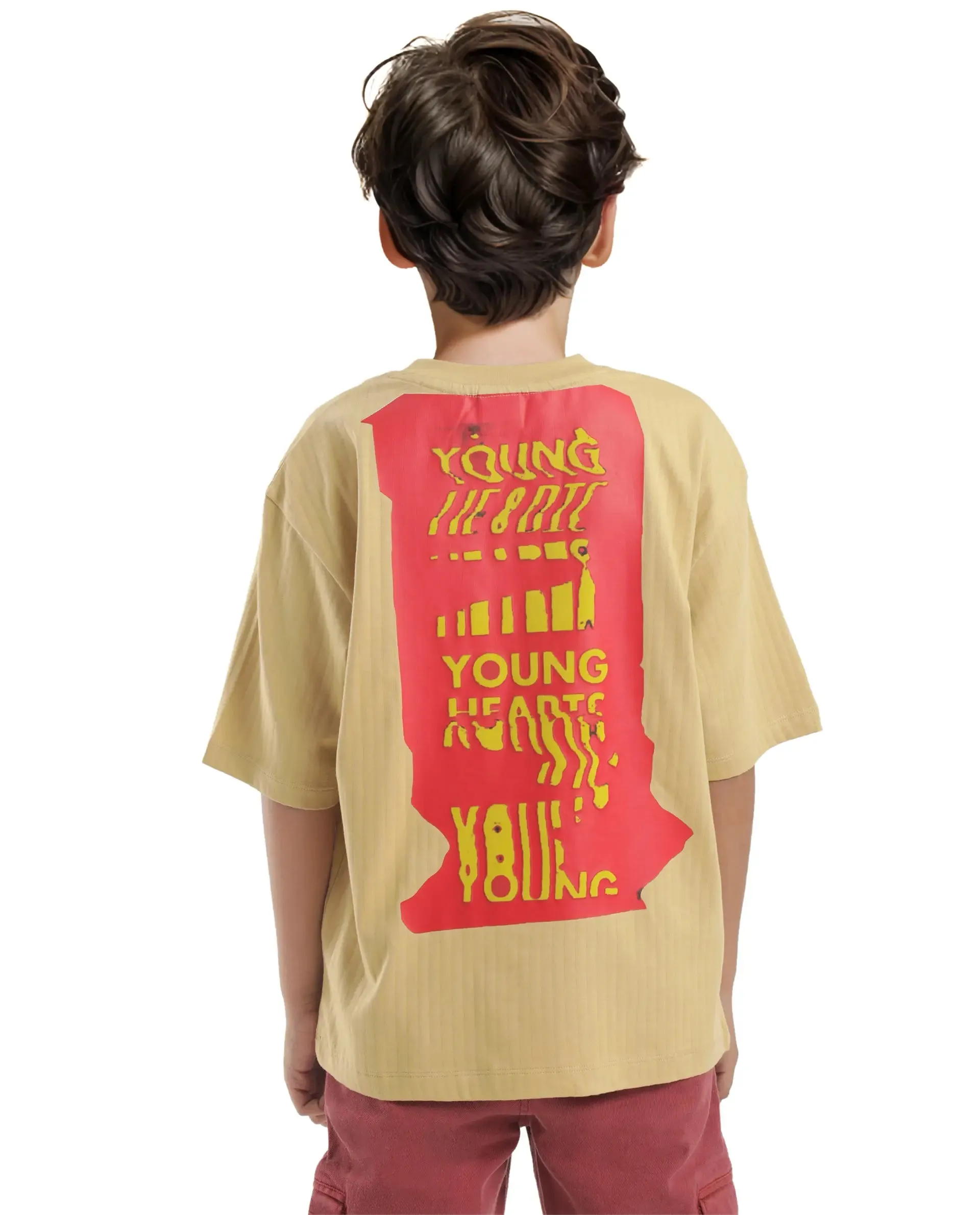 Rare Ones Kids Lest Mustard Cotton Half Sleeves Ribbed Crew Neck Graphic Back Print Oversized Fit T-Shirt