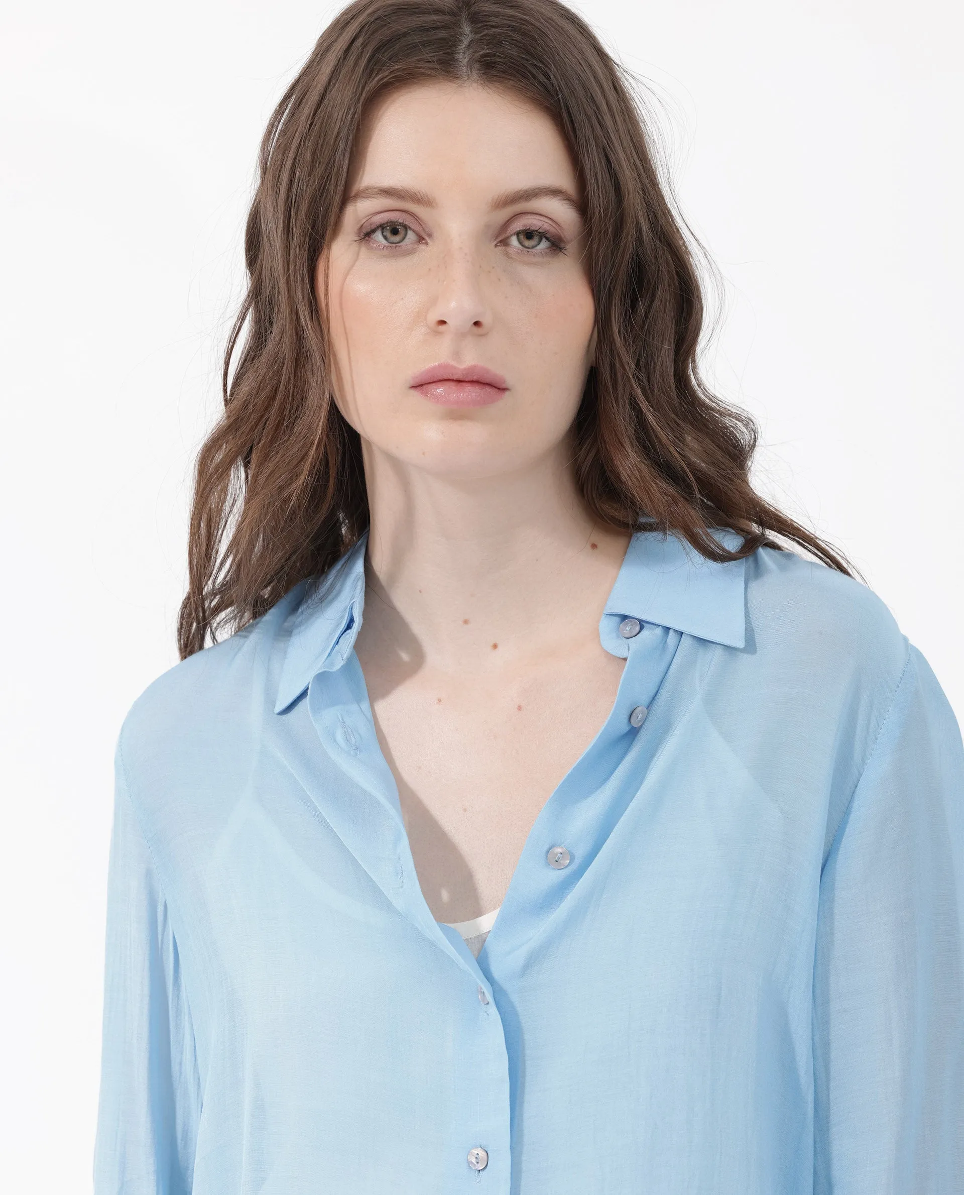 Rareism Women Faina Light Blue Viscose Fabric 3/4Th Sleeves Button Closure Shirt Collar Cuffed Sleeve Regular Fit Plain Top