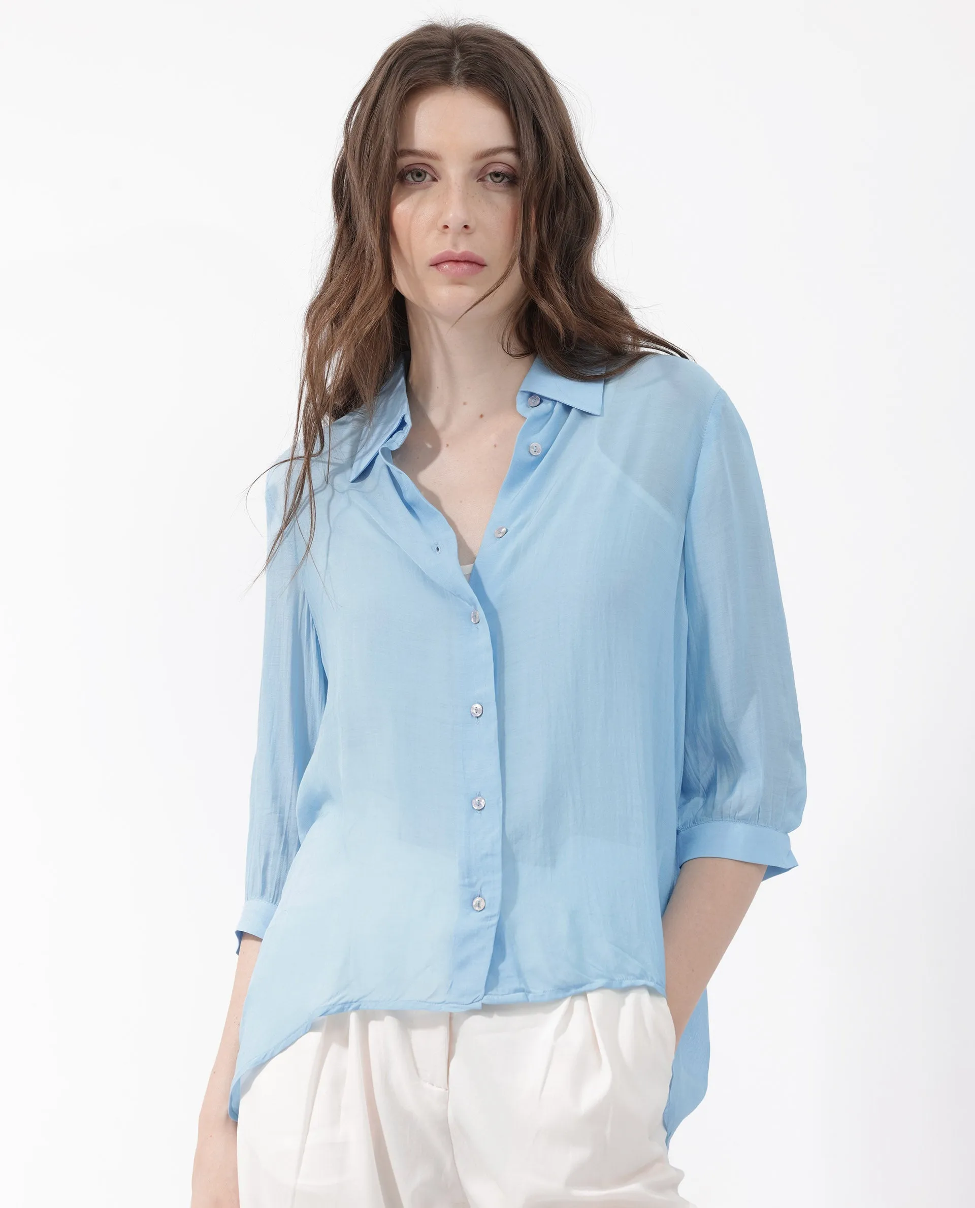 Rareism Women Faina Light Blue Viscose Fabric 3/4Th Sleeves Button Closure Shirt Collar Cuffed Sleeve Regular Fit Plain Top