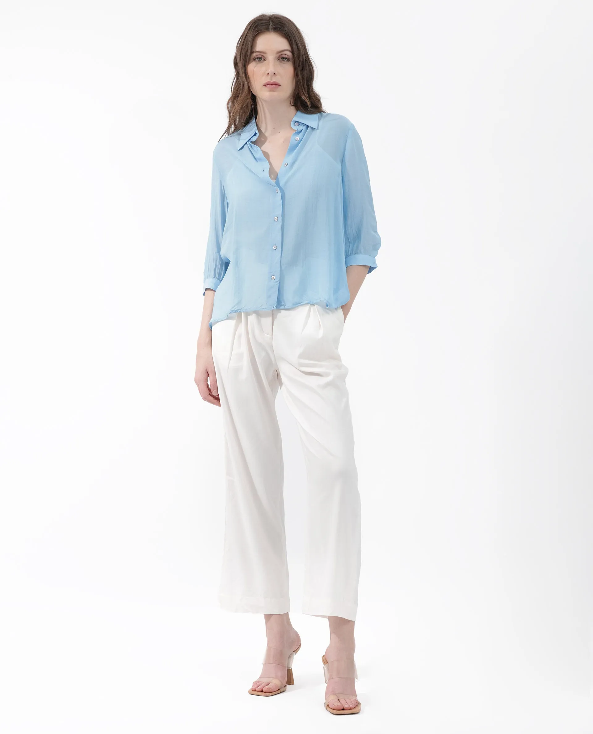 Rareism Women Faina Light Blue Viscose Fabric 3/4Th Sleeves Button Closure Shirt Collar Cuffed Sleeve Regular Fit Plain Top