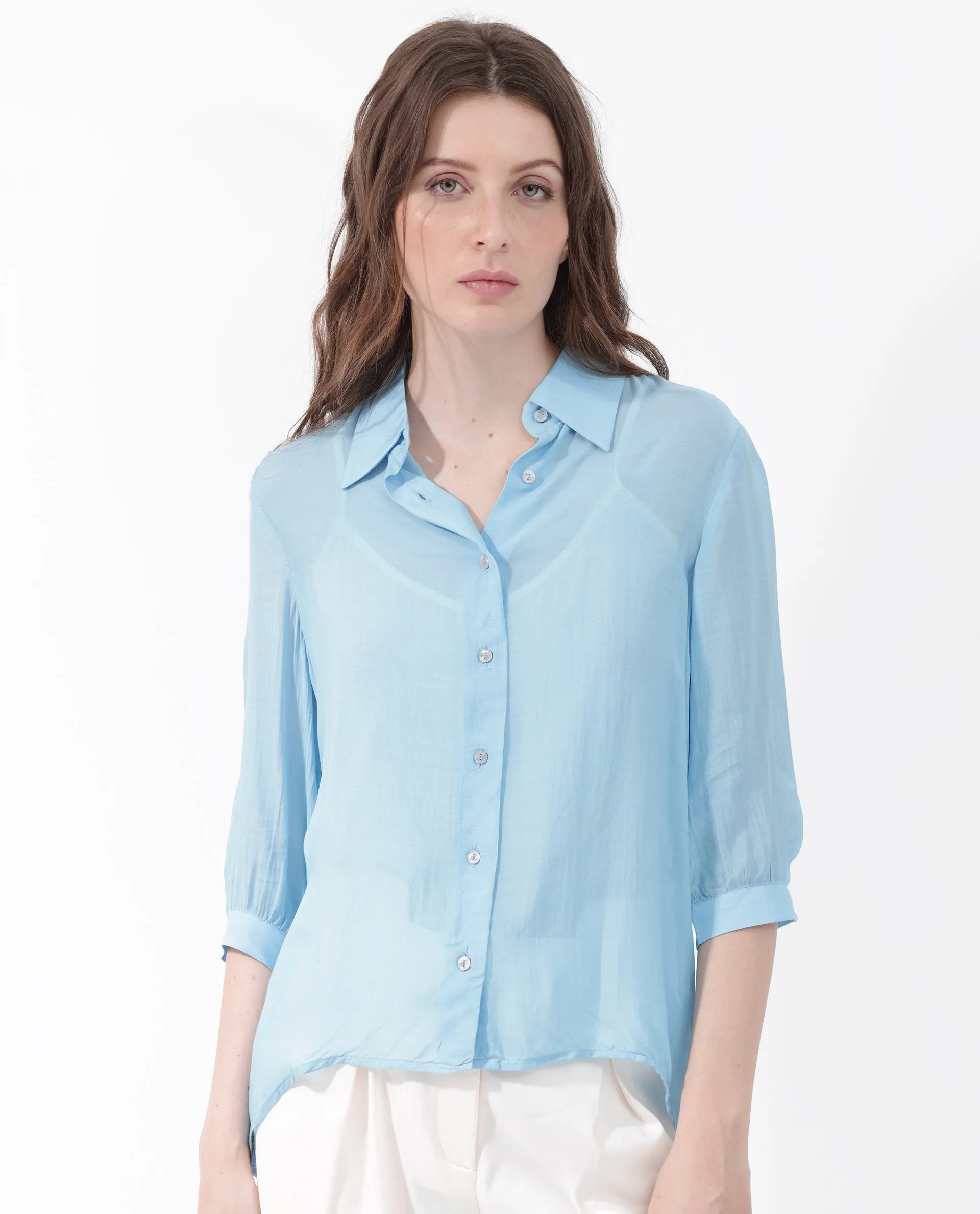 Rareism Women Faina Light Blue Viscose Fabric 3/4Th Sleeves Button Closure Shirt Collar Cuffed Sleeve Regular Fit Plain Top