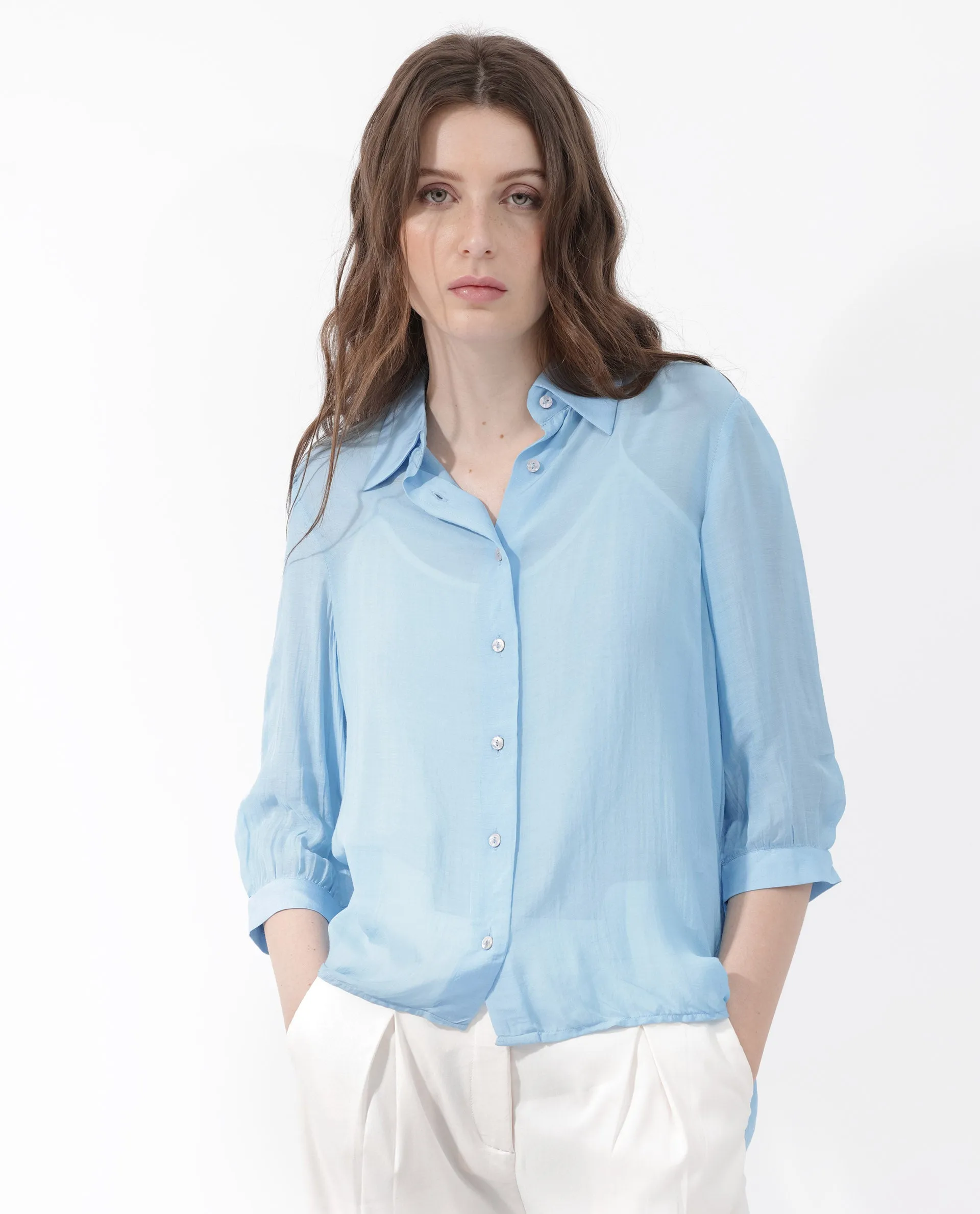 Rareism Women Faina Light Blue Viscose Fabric 3/4Th Sleeves Button Closure Shirt Collar Cuffed Sleeve Regular Fit Plain Top