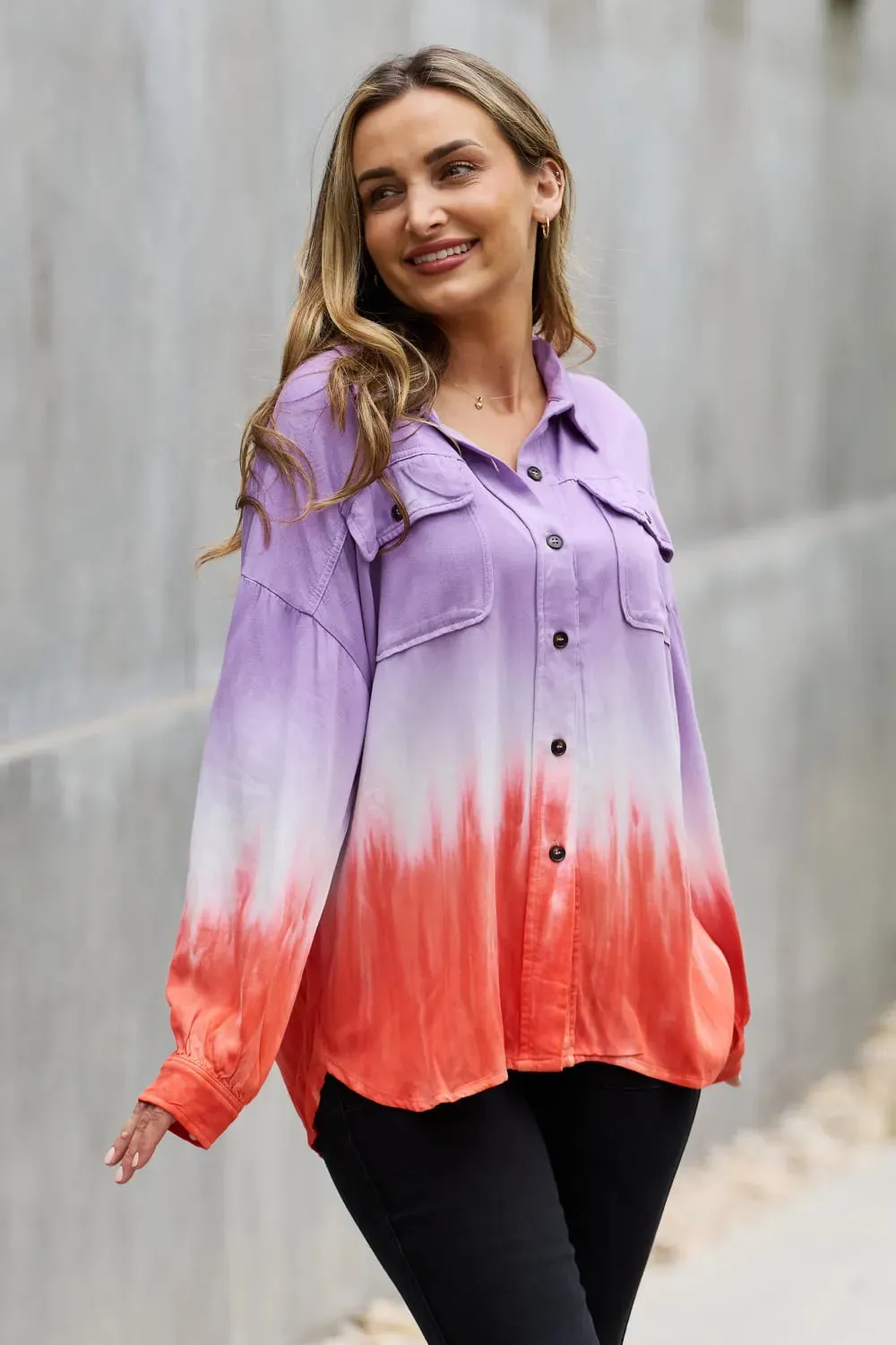 Relaxed Fit Tie-Dye Button Down Top