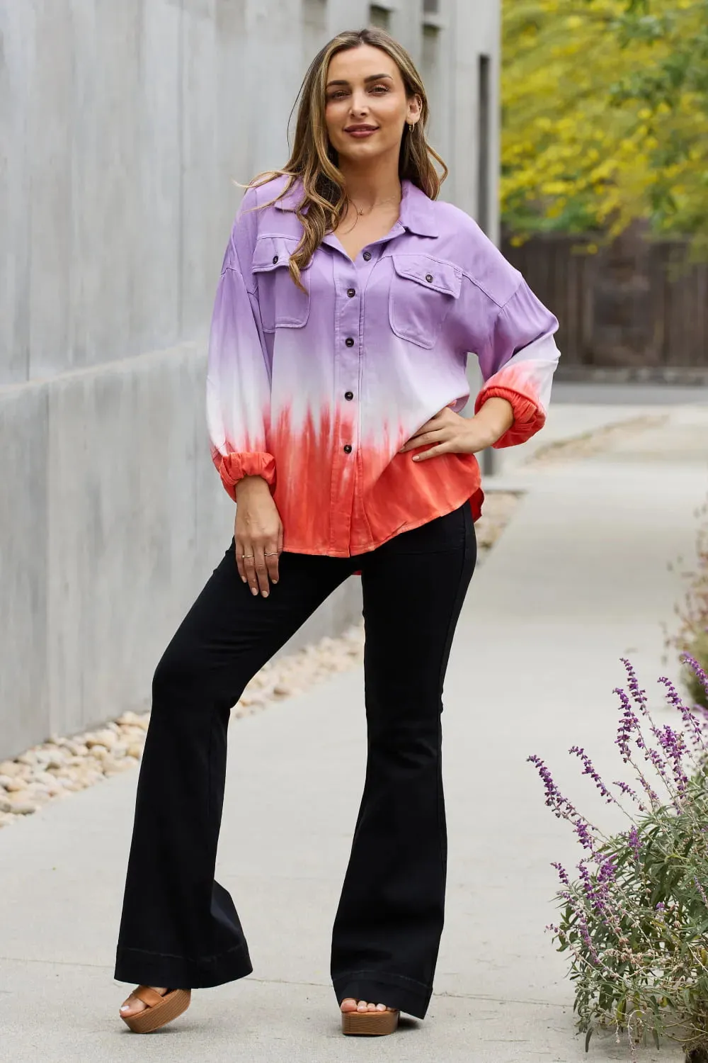 Relaxed Fit Tie-Dye Button Down Top