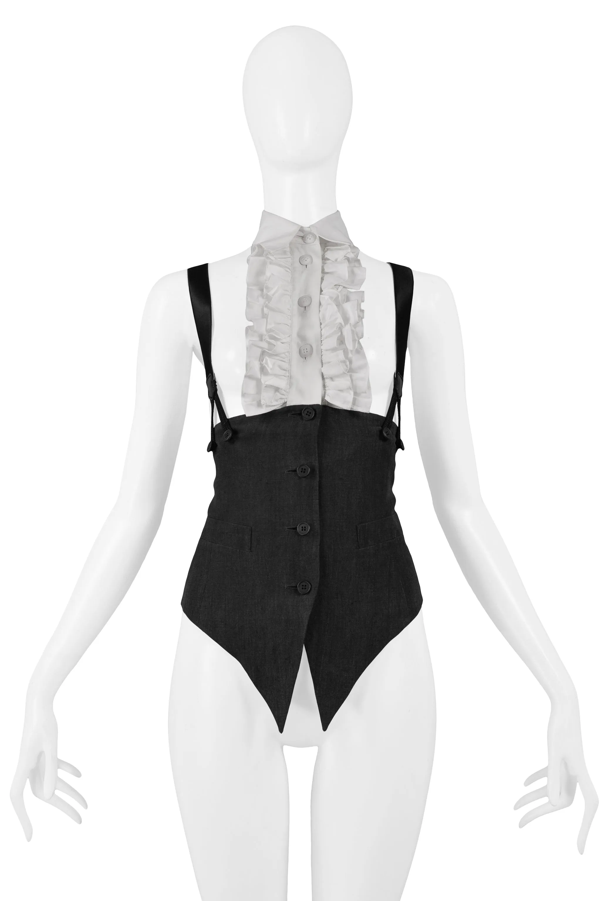 RIFAT OZBEK BLACK SUSPENDER TOP WITH ATTACHED RUFFLE & COLLAR