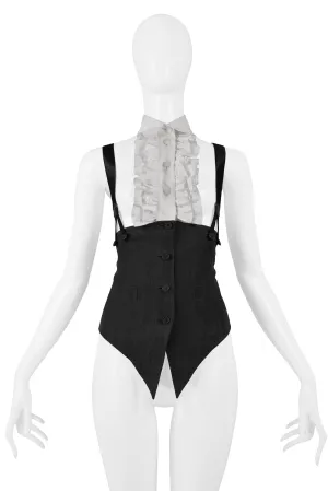 RIFAT OZBEK BLACK SUSPENDER TOP WITH ATTACHED RUFFLE & COLLAR