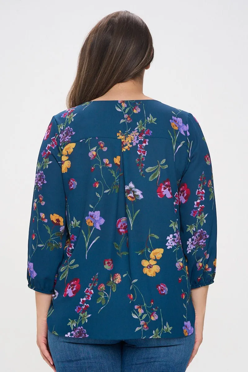 Sophia Plus Size Three Quarter Balloon Sleeve Printed Everyday Blouse