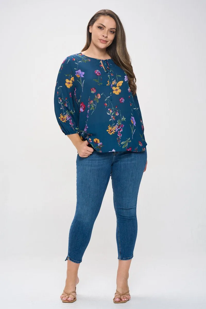 Sophia Plus Size Three Quarter Balloon Sleeve Printed Everyday Blouse