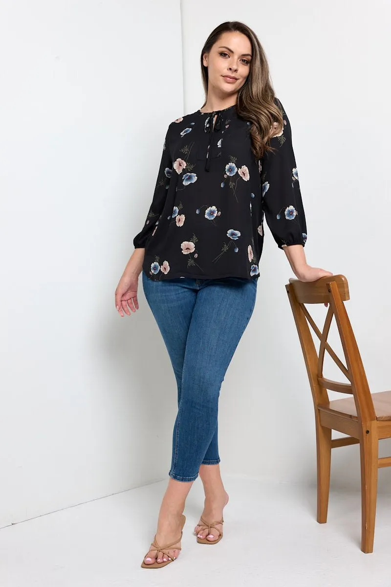 Sophia Plus Size Three Quarter Balloon Sleeve Printed Everyday Blouse