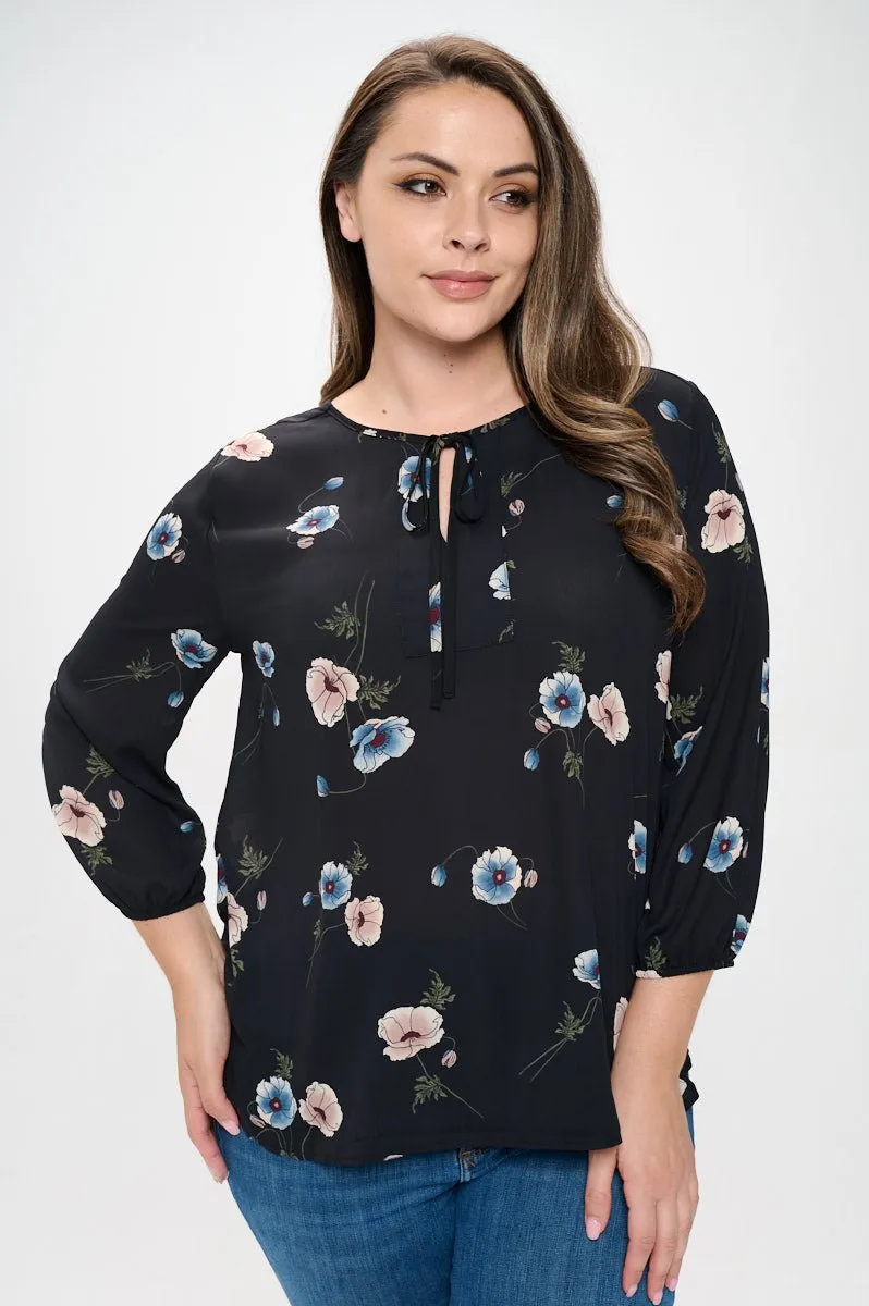 Sophia Plus Size Three Quarter Balloon Sleeve Printed Everyday Blouse