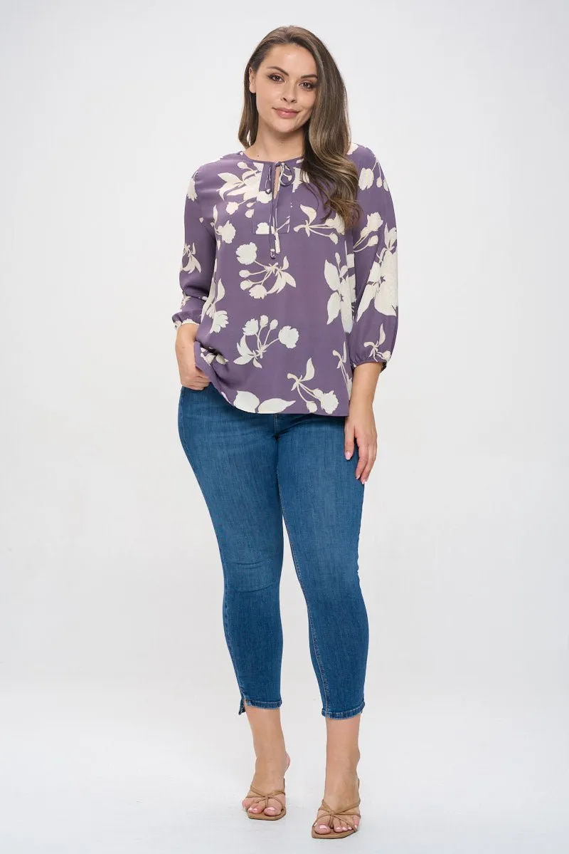 Sophia Plus Size Three Quarter Balloon Sleeve Printed Everyday Blouse