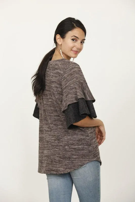 TEEK - Plus Size Color Block Sleeve Ruffle Knit Top