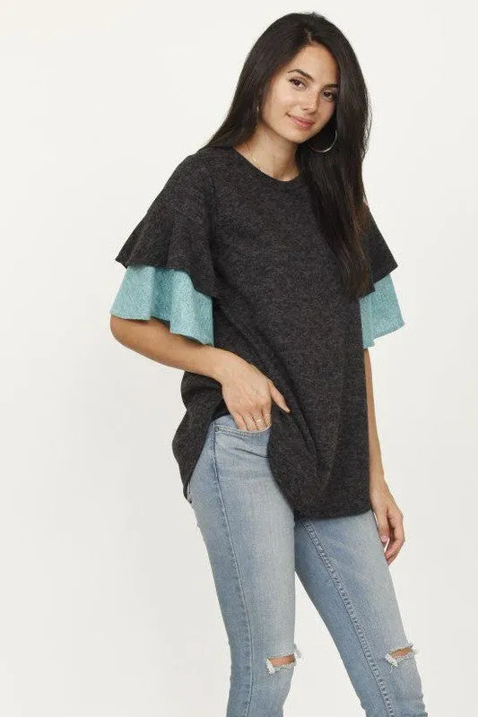 TEEK - Plus Size Color Block Sleeve Ruffle Knit Top