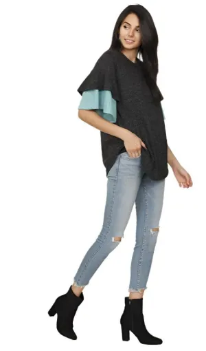 TEEK - Plus Size Color Block Sleeve Ruffle Knit Top