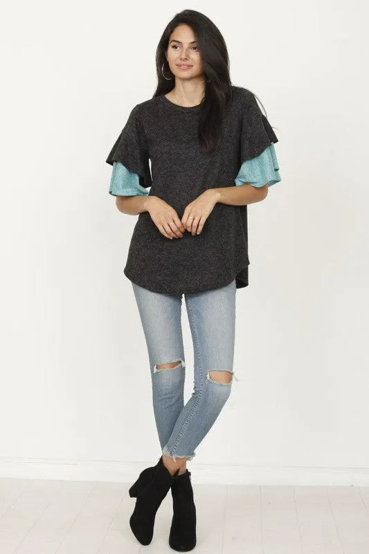 TEEK - Plus Size Color Block Sleeve Ruffle Knit Top