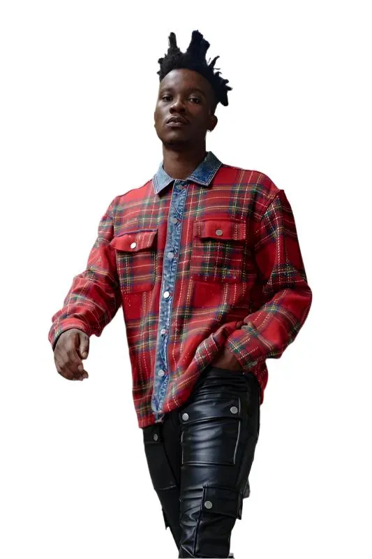 TEEK - Red Flannel Shacket With Denim Contrast