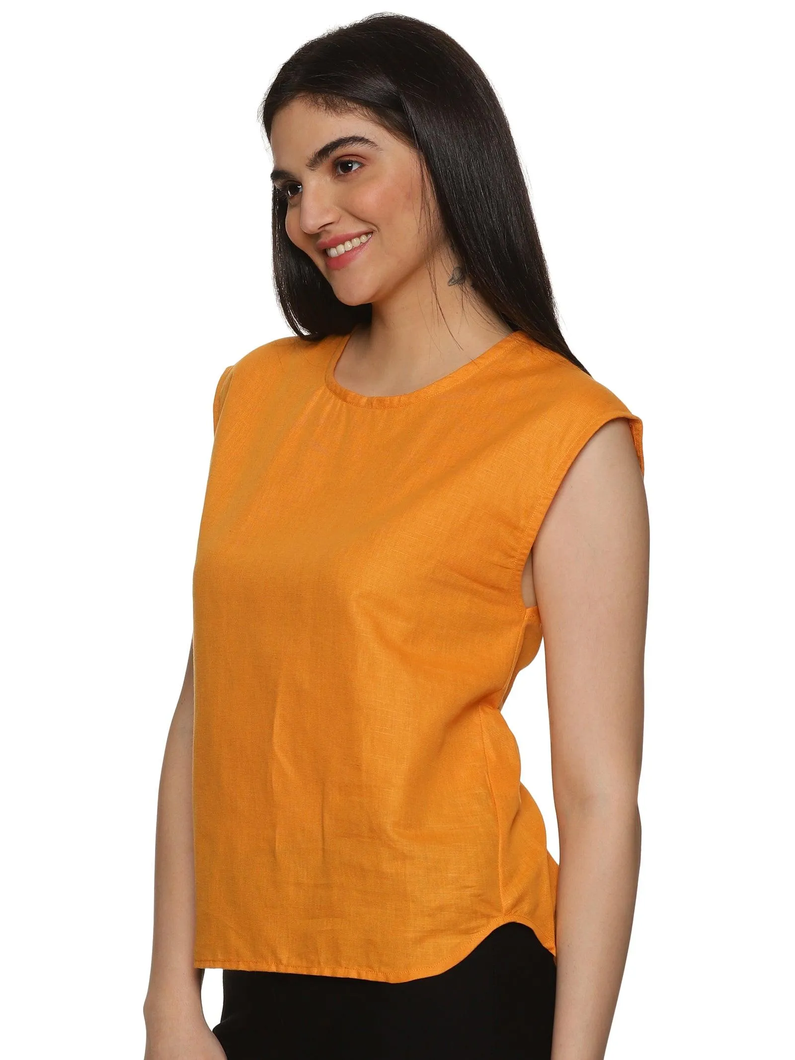 Women's Casual Orange Cotton Half Sleeves Top - Comfortable and Vibrant