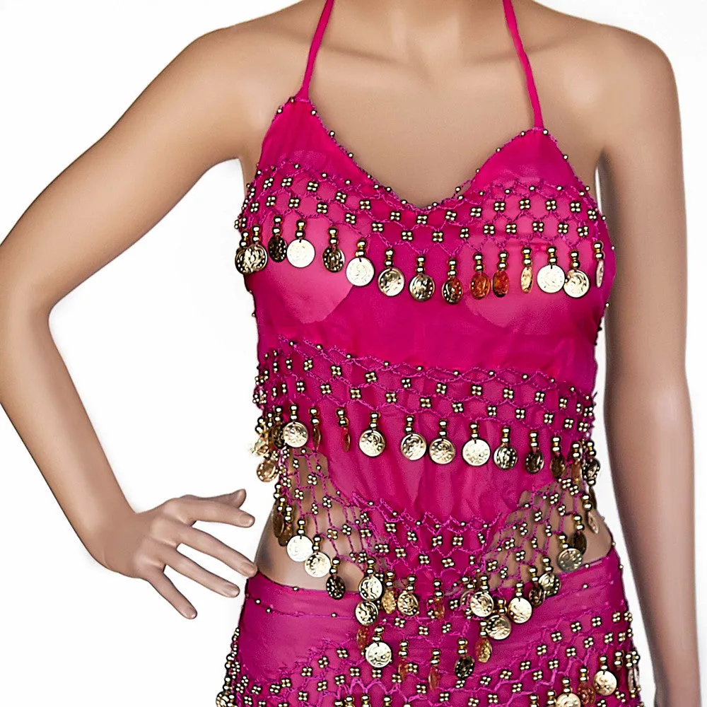 Womens Halter Camisole Belly Dance Top with Dangle Coins Lot of 100/ Assorted Colors, Silver and Gold Coins