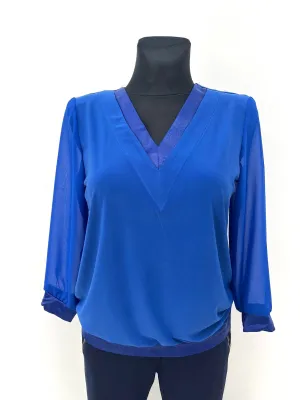 Yew Amanda Royal Blue V Neck Top with Sheer Sleeve 34 4278